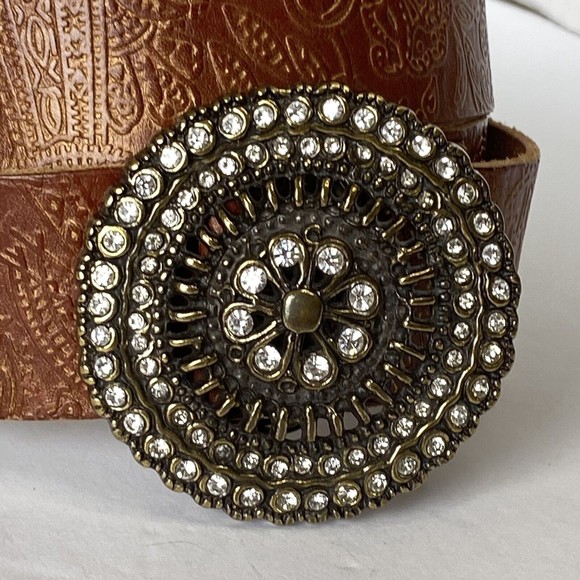 Fossil Womens Brown Gold Leather Tooled Belt Brass Floral Medallion Buckle sz M - Picture 4 of 12
